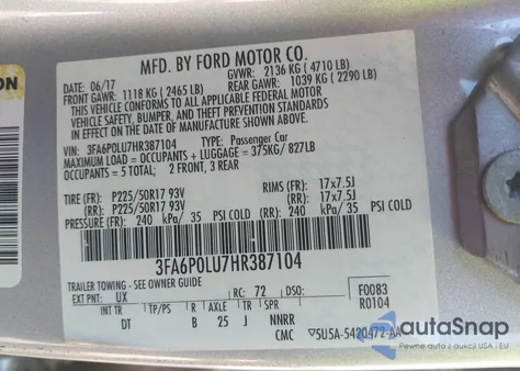 2017 Ford Fusion Hybrid Se from USA, damaged, VIN 3FA6P0LU7HR387104